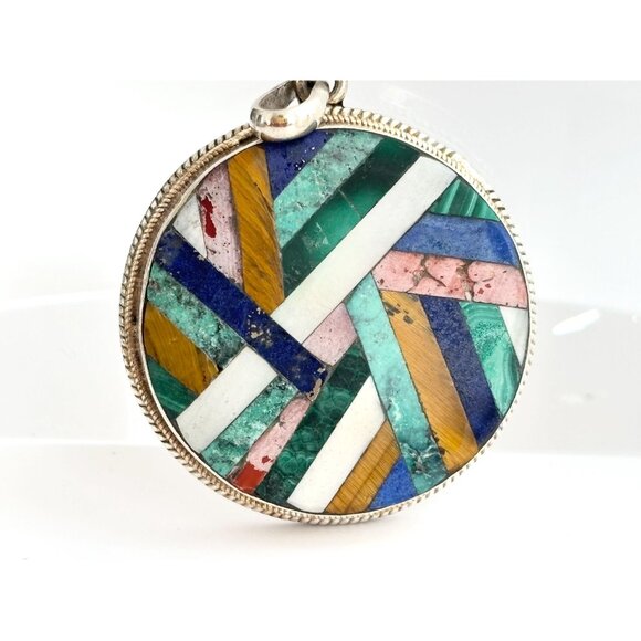 RARE & Stunning Gemstone Inlay Geometric Southwest Artisan 925 Vintage Pendant - Picture 5 of 10